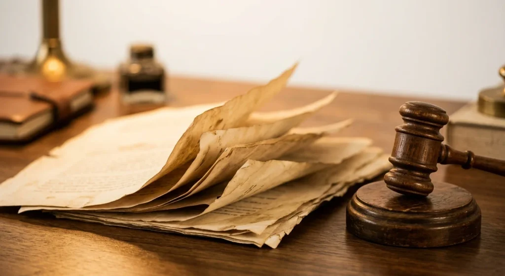 Vintage legal documents and a gavel representing a 1960s defamation lawsuit.