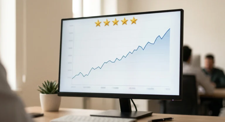 Five-star rating icon overlaid on a stock market chart representing an online stock rating platform.