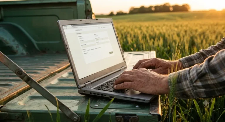 Farmer using a laptop in a field representing an online farming community forum.