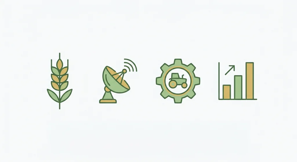 Four icons representing AgTalk's main forum sections for crops, precision technology, machinery, and markets.