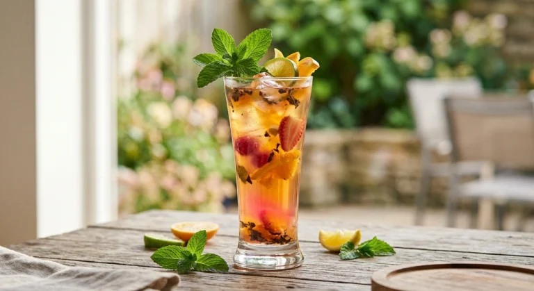 A colorful custom fruit and herb tea in a glass with a question mark representing an undefined trend.