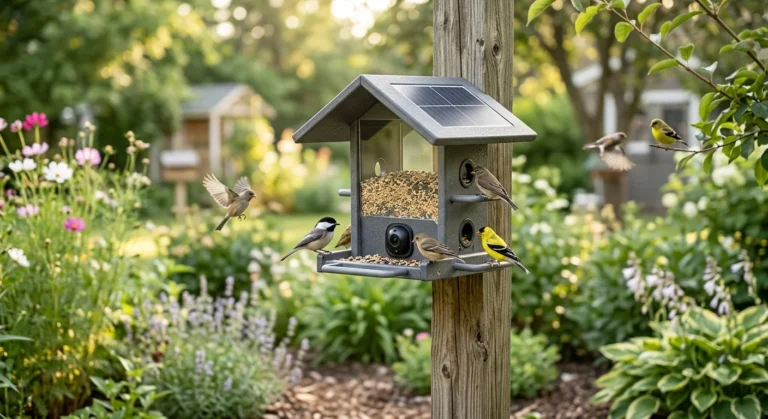 Solar-powered bird feeder camera mounted in a backyard garden.