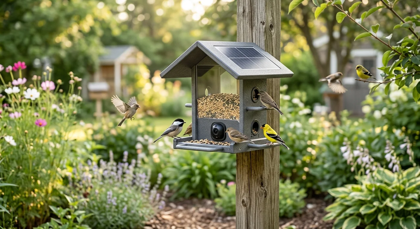 Solar-powered bird feeder camera mounted in a backyard garden.