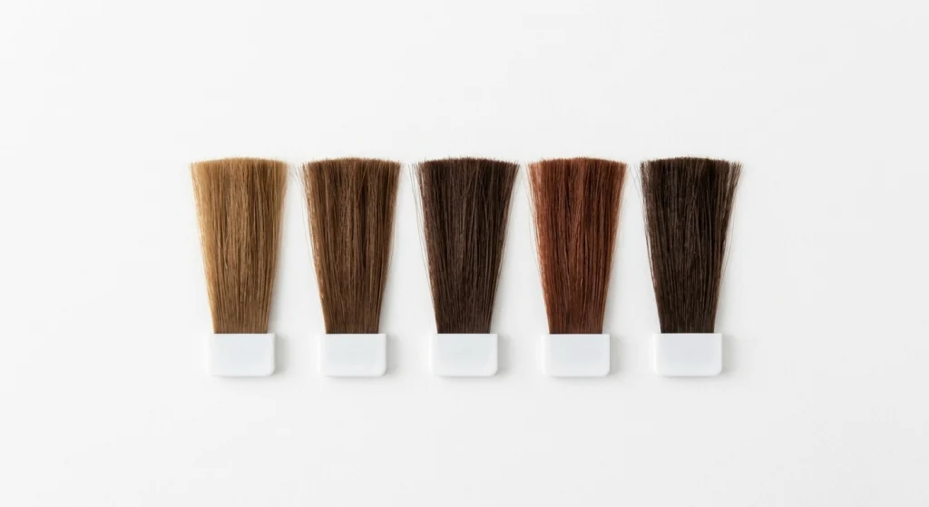 Hair color swatches in different brown shades arranged for skin tone matching.