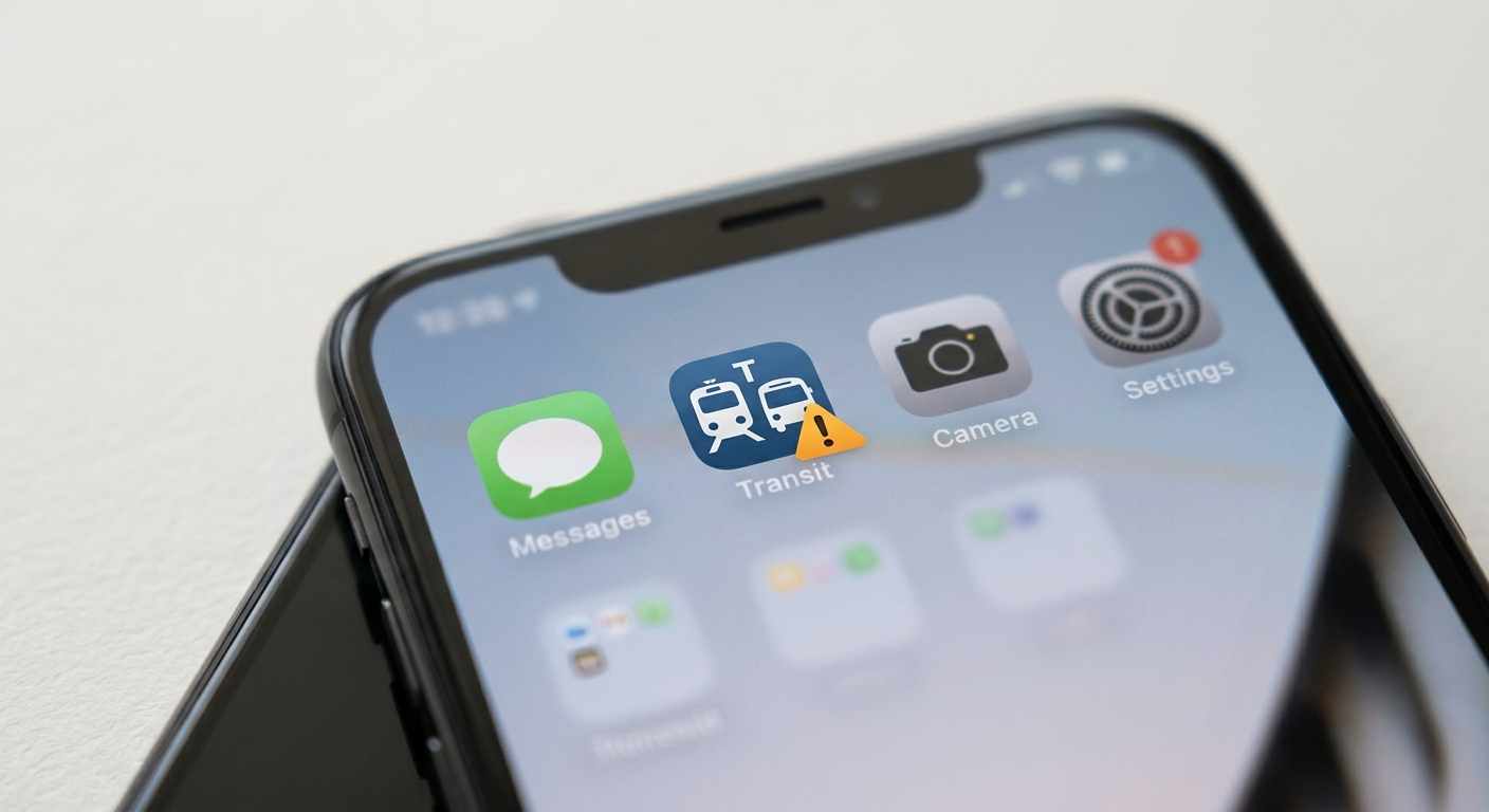 Smartphone showing a transit app icon with a caution symbol representing an unverified mobility app.