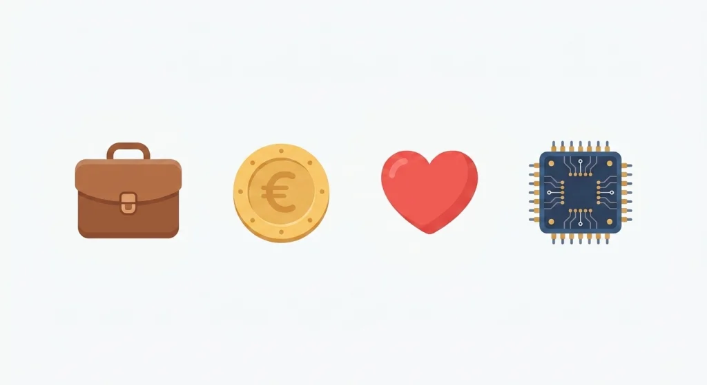 A minimalist flat vector illustration displaying a row of four colorful icons—a brown leather briefcase, a gold Euro coin, a red heart, and a blue microchip—centered against a clean off-white background.
