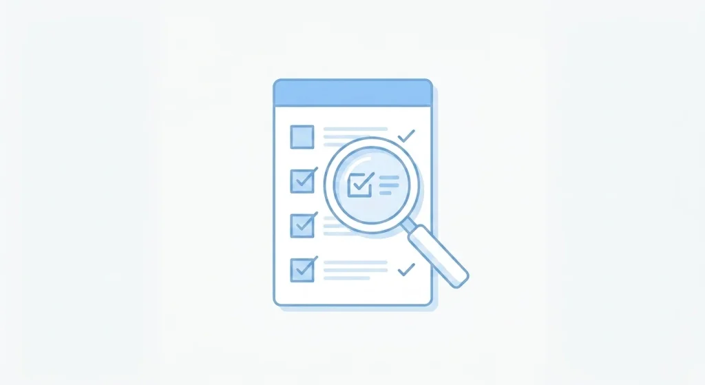 Checklist with a magnifying glass symbolizing verifying an ambiguous online term