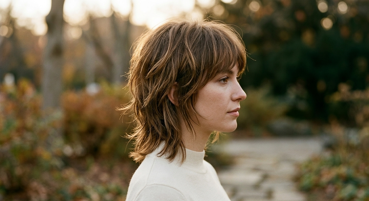 Woman with a choppy wolf cut hairstyle showing layered texture and movement
