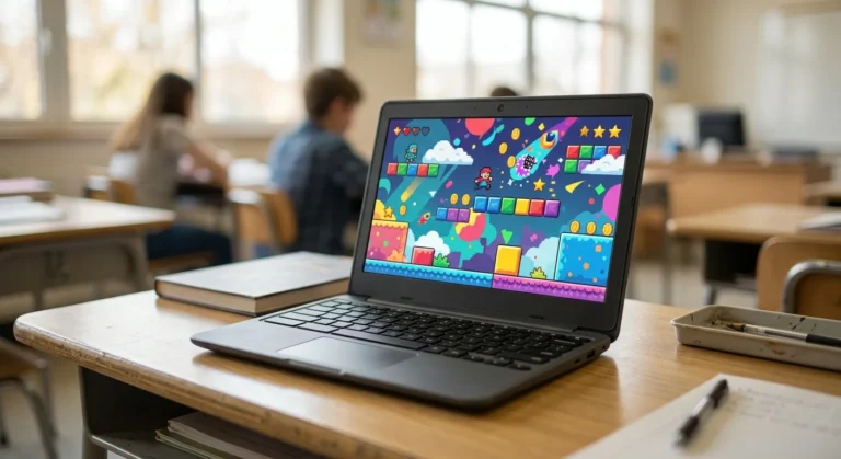 School Chromebook displaying a browser game during a class break.