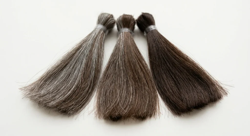 Hair strand swatches showing gradual color buildup from a color-depositing shampoo over multiple uses.