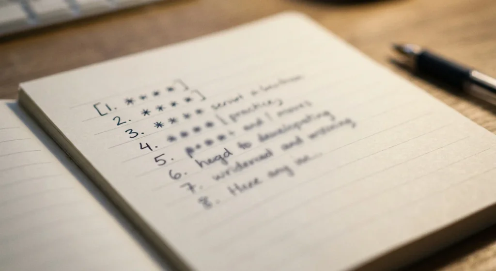 A handwritten list of unrelated invented words representing a content farm's production list.