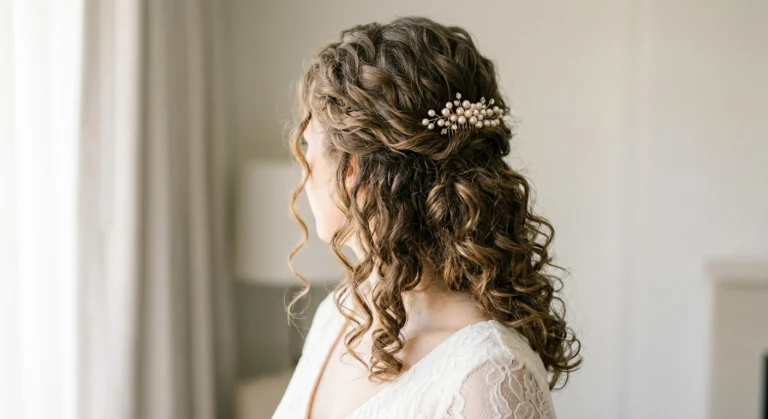 Bride with natural loose curls styled in a half-up hairstyle wearing a delicate pearl comb