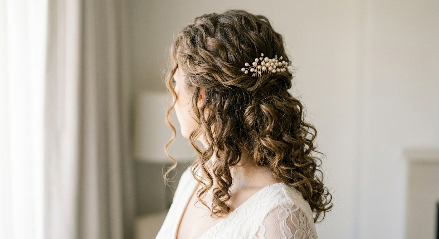 Bride with natural loose curls styled in a half-up hairstyle wearing a delicate pearl comb