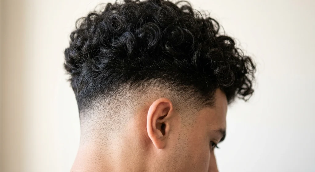 Close-up of a faded undercut beneath voluminous curly hair on top
