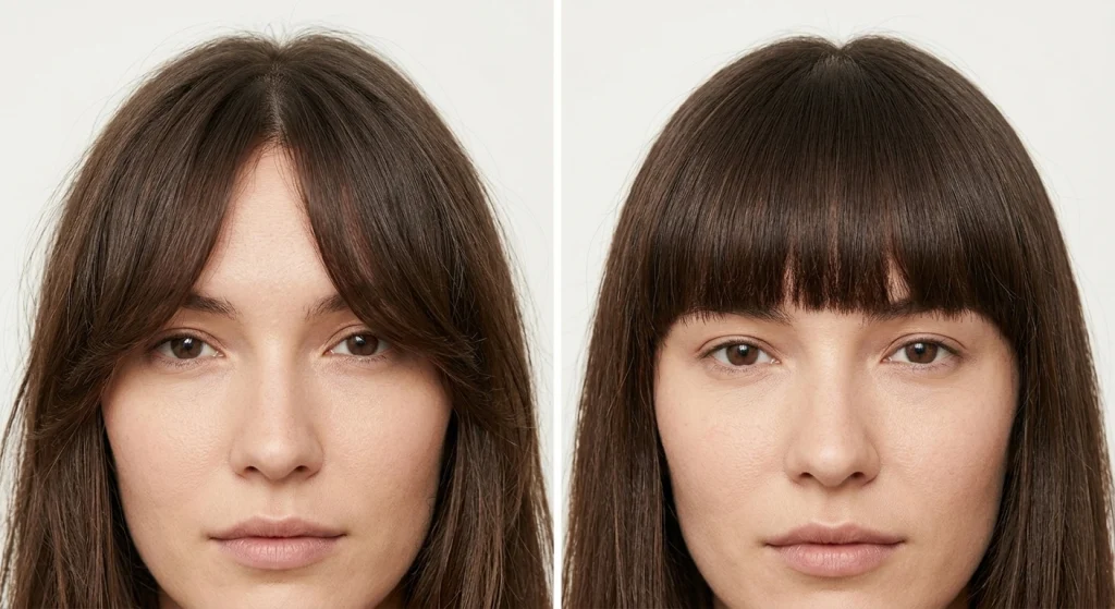 Close-up comparison of curtain bangs versus a full blunt fringe.