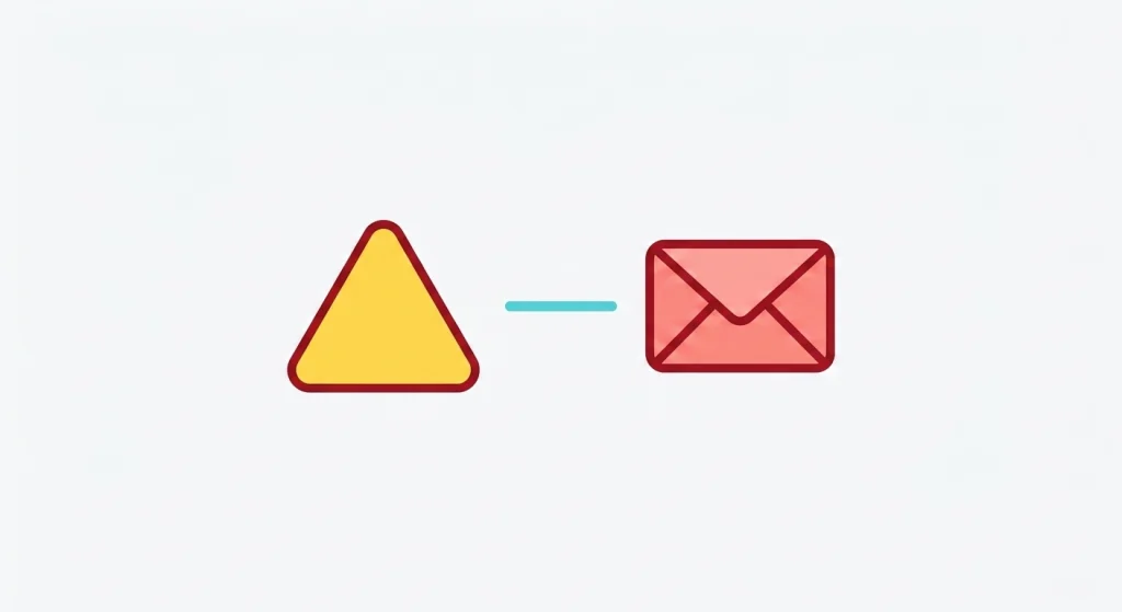 A minimalist flat illustration on a white background featuring a yellow warning triangle icon next to a pink envelope, representing a secure email notification or a data breach alert.