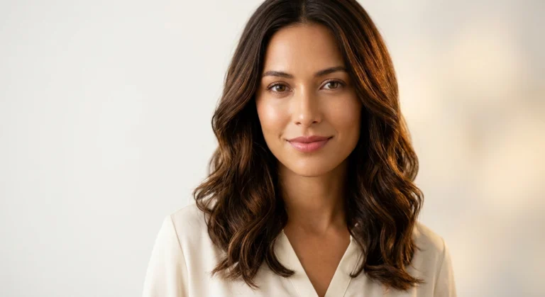 Woman with glossy rich brunette hair color showing dimensional tones.