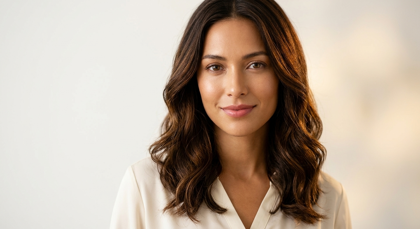 Woman with glossy rich brunette hair color showing dimensional tones.