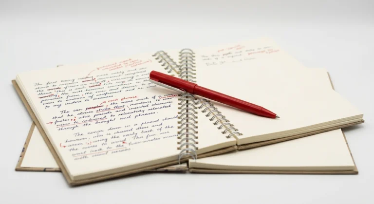 An open spiral notebook resting on an off-white surface featuring handwritten notes with red pen proofreading edits and corrections.