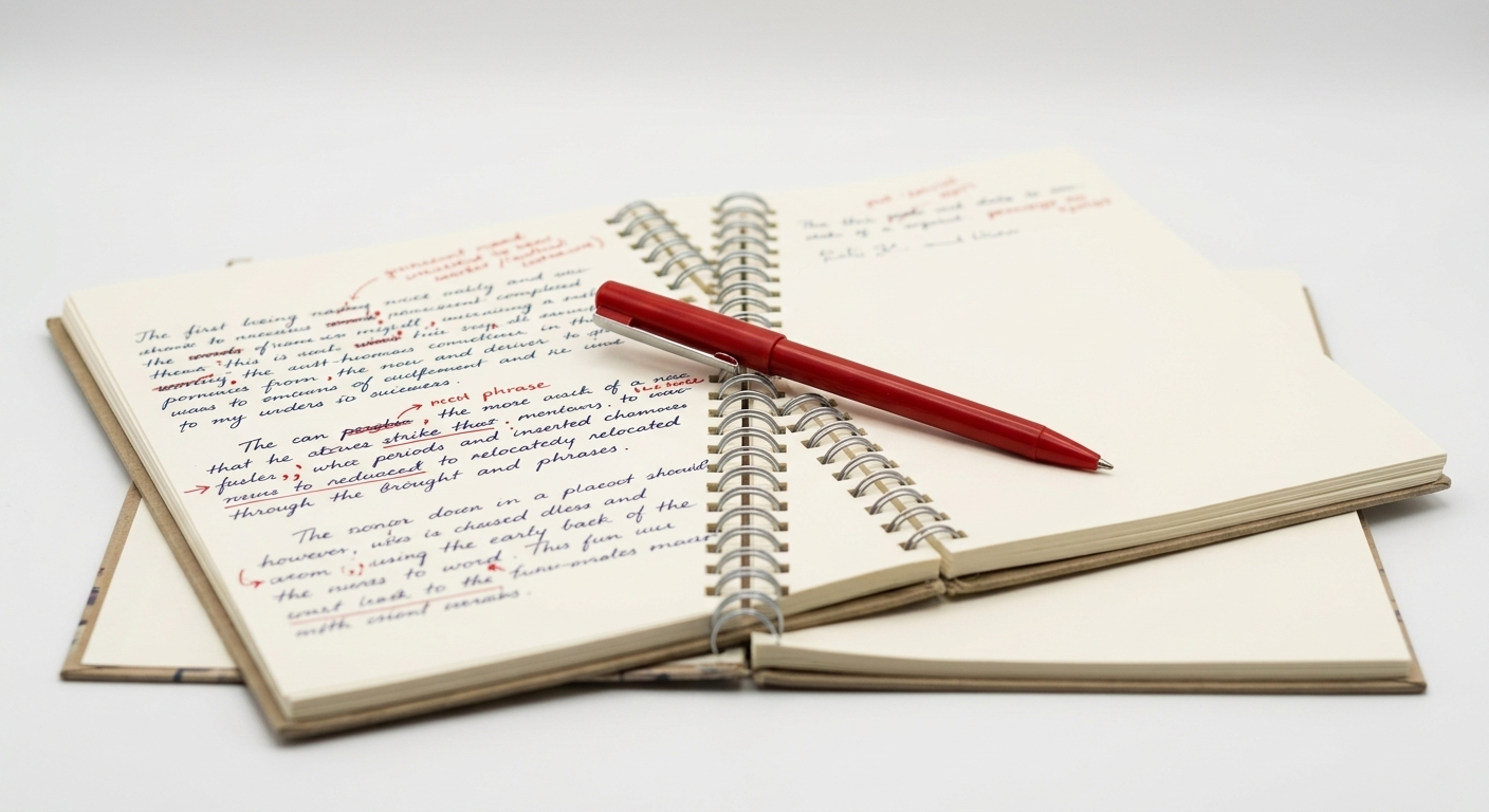 An open spiral notebook resting on an off-white surface featuring handwritten notes with red pen proofreading edits and corrections.