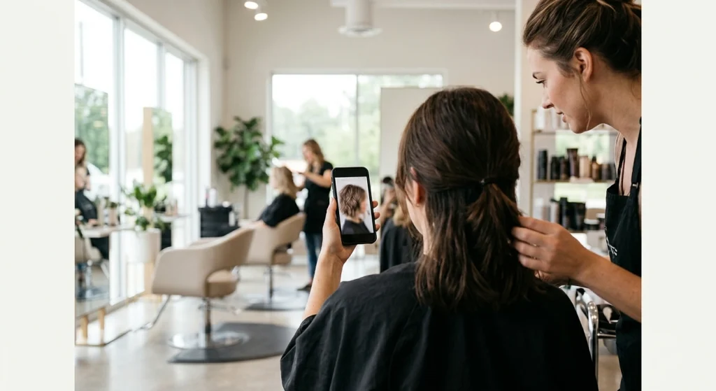Person showing a reference photo on a phone to a hairstylist in a salon