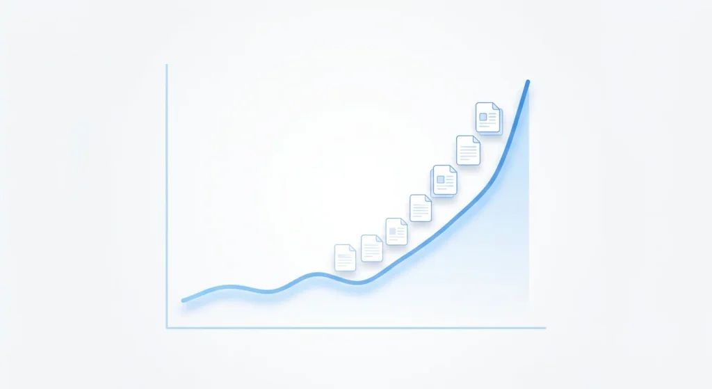 A light blue minimalist growth chart with a curving arrow pointing upwards, featuring small white document icons with paper folds lined up along the rising line to symbolize a trend of increasing content production or data volume over time.