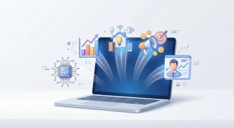 An isometric 3D illustration of a laptop on a white desk with floating infographic icons. The icons represent AI, business growth (graphs), a smart home, digital marketing (megaphone and target with coins), and a user profile.