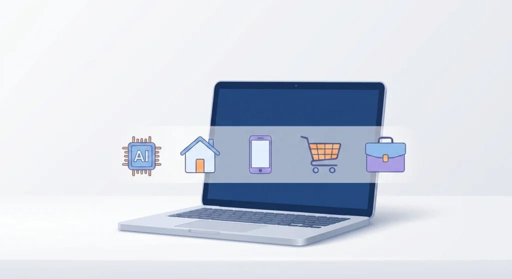 A minimalist illustration of an open laptop on a white desk, with five colorful infographic icons floating above the dark blue screen. The icons include: an AI-labeled chip, a smart home, a mobile phone, an orange shopping cart, and a purple briefcase, representing a multi-faceted digital platform.