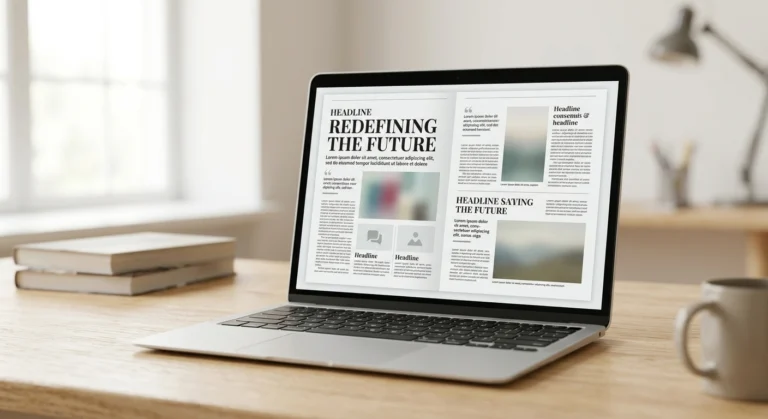 A side view of an open laptop on a wooden desk displaying a digital magazine article with headlines 'REDEFINING THE FUTURE' and 'SAVING THE FUTURE'. Out-of-focus books and a mug are in the background.