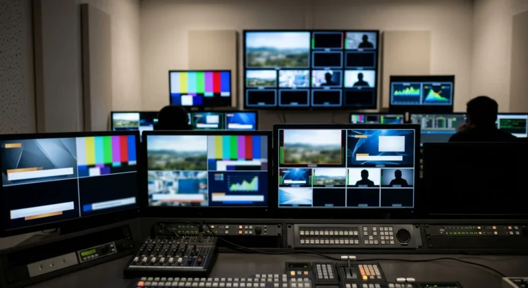 Television newsroom control room representing a media producer's career in broadcast journalism.