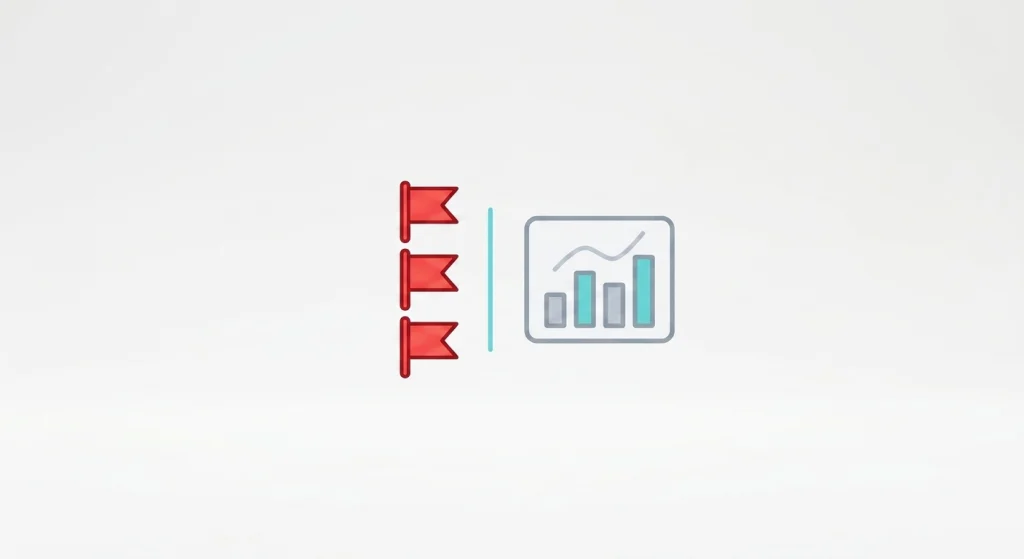 A minimalist 3D line-art illustration featuring three small red flags stacked vertically to the left and a bar chart dashboard icon to the right, separated by a light blue line, all against a plain off-white background.