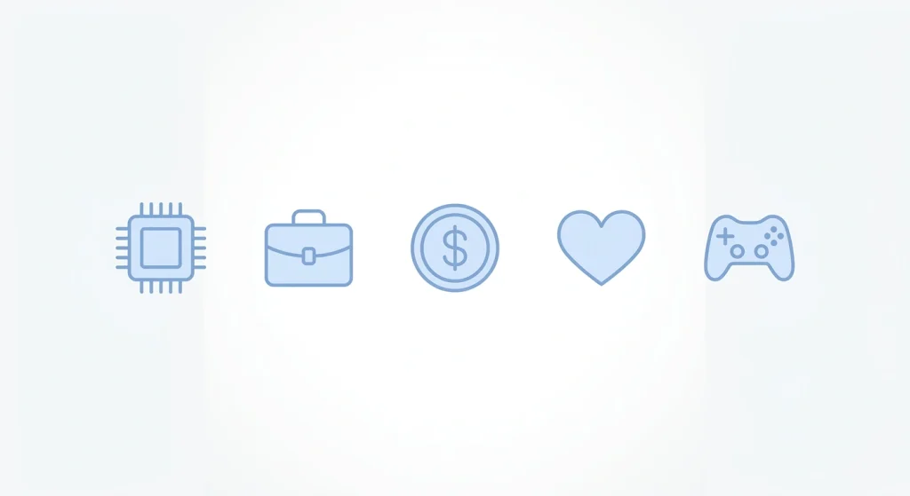 A horizontal row of five minimal flat-design icons in soft blue, featuring a computer chip, briefcase, dollar coin, heart, and game controller on a studio off-white background.