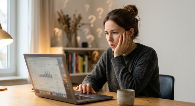 Woman sitting at a wooden desk looking puzzled at her laptop screen with question mark bokeh in the background