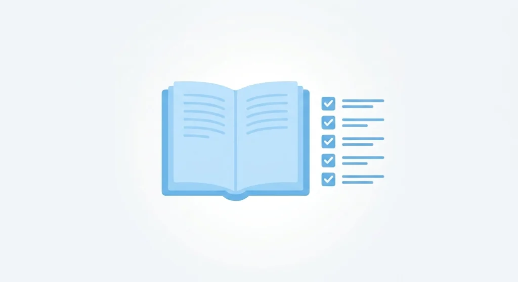 A flat-design illustration in soft blue tones featuring an open book next to a checklist with checked boxes on a light off-white background.