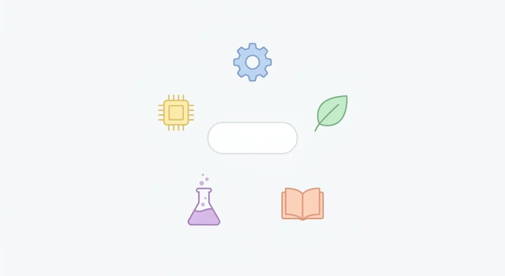 Five unrelated icons representing technology, wellness, and literature under one invented word.