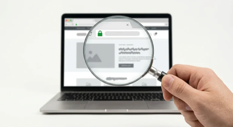 A hand holding a magnifying glass over a laptop screen, highlighting a green padlock icon in the browser address bar set against a studio off-white background.