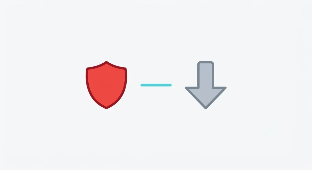 A minimalist flat illustration on a white background featuring a red shield icon next to a grey downward download arrow, symbolizing a safe or scanned download.