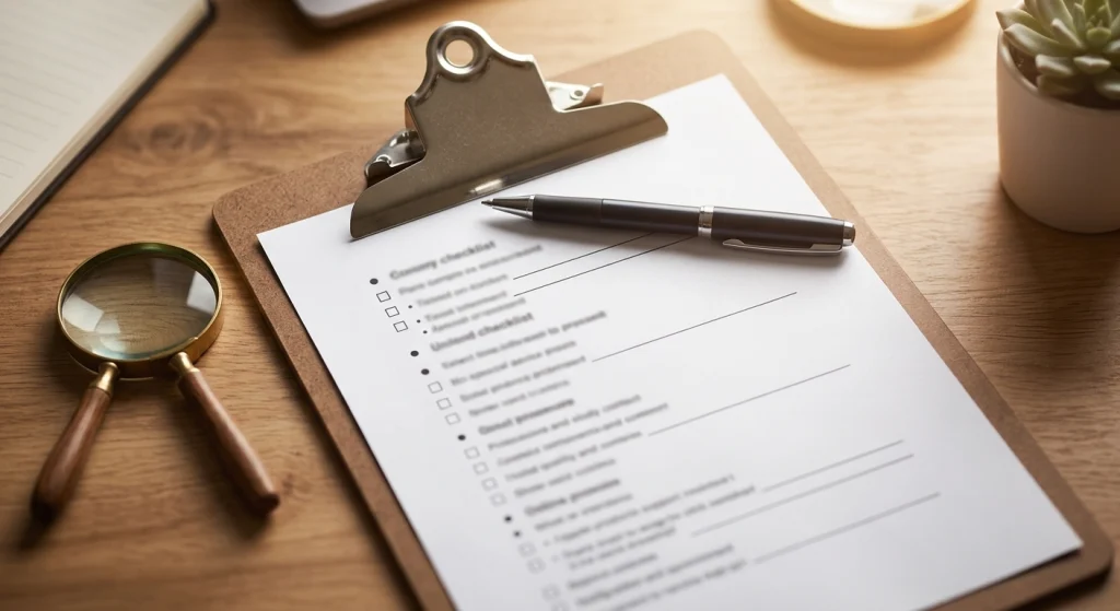 Checklist and magnifying glass representing due diligence before hiring an SEO agency.