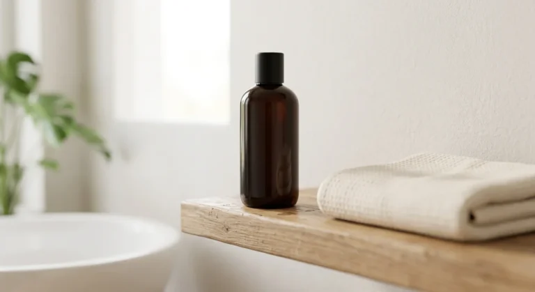 Bottle of color-depositing hair dye shampoo next to a shower setting representing at-home gray coverage