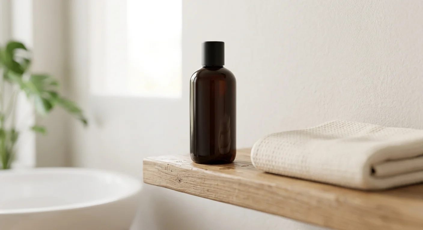 Bottle of color-depositing hair dye shampoo next to a shower setting representing at-home gray coverage