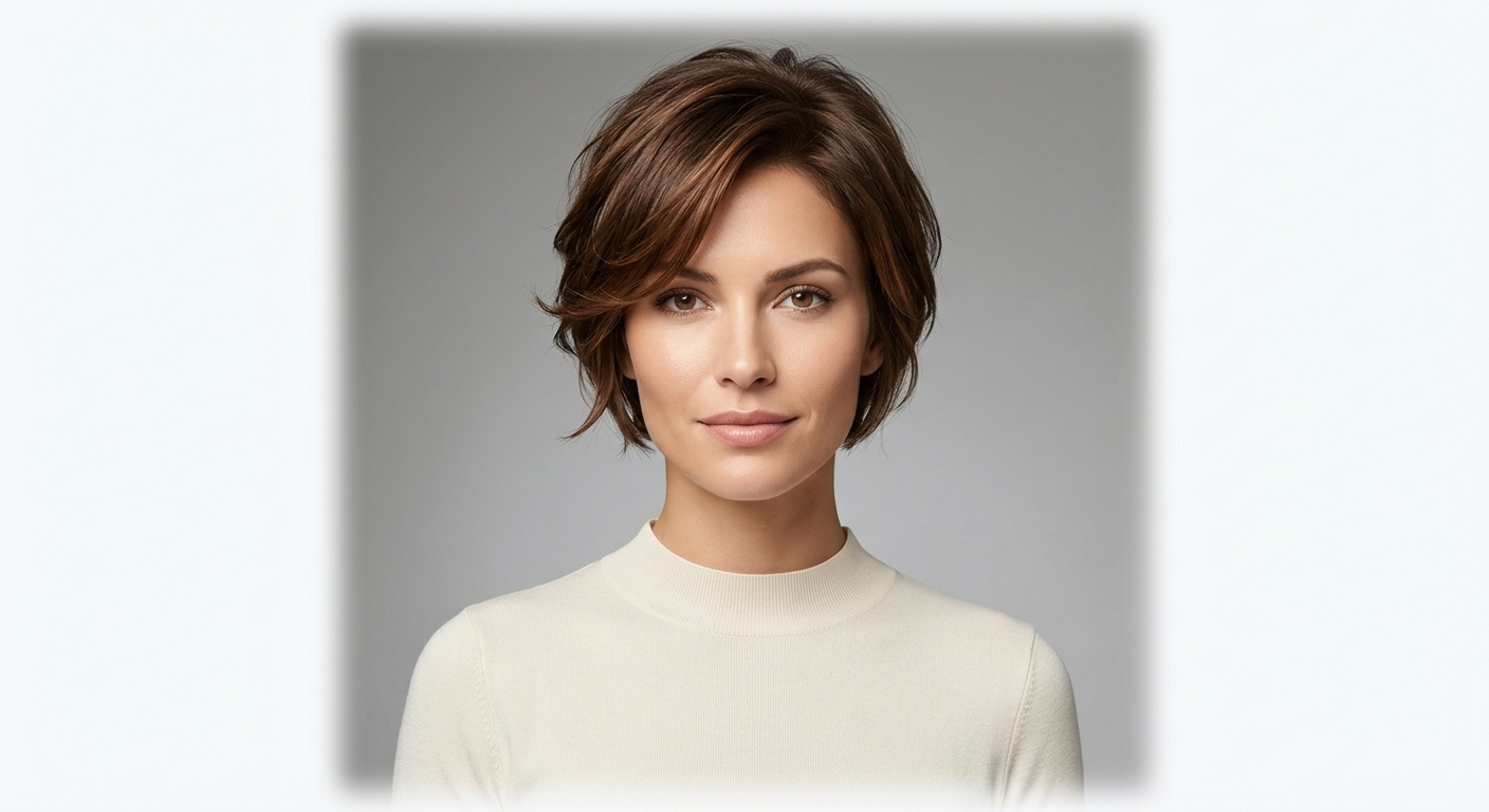 Woman with a bixie haircut showing balanced oval face proportions