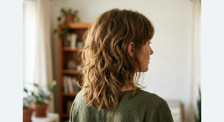 Woman with long curtain bangs and soft waves representing the top 2026 Korean hairstyle trend