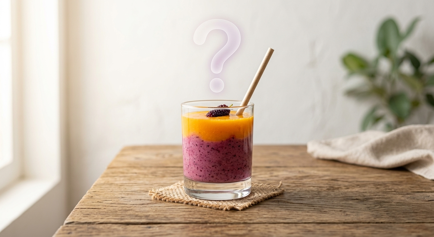 A colorful smoothie in a glass with a large question mark overlay representing an undefined trend.