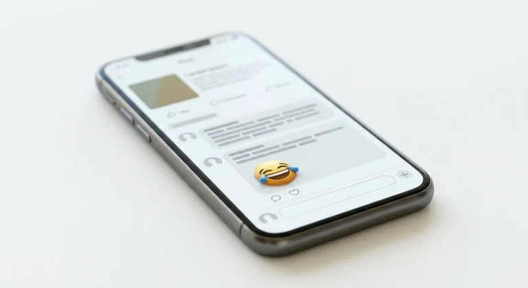 A smartphone angled on a light off-white surface showing a generic social media feed layout with a laughing-crying emoji reaction floating over a comment section, illuminated by soft studio lighting with a shallow depth of field.