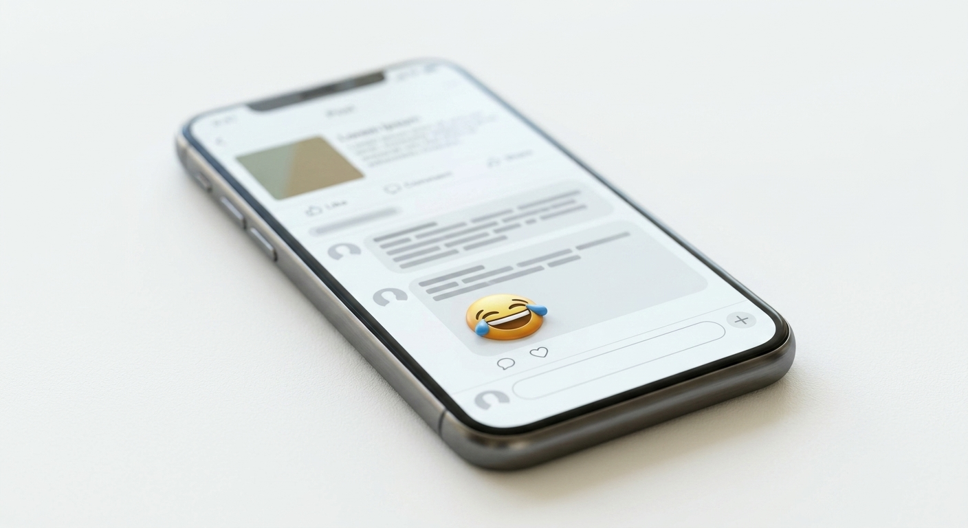 A smartphone angled on a light off-white surface showing a generic social media feed layout with a laughing-crying emoji reaction floating over a comment section, illuminated by soft studio lighting with a shallow depth of field.