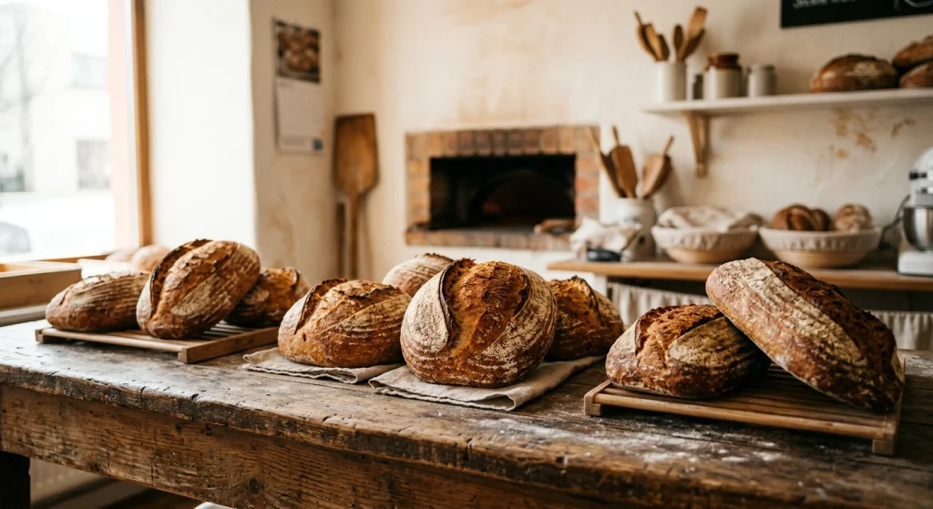 Freshly baked sourdough bread loaves displayed in a small community bakery.
