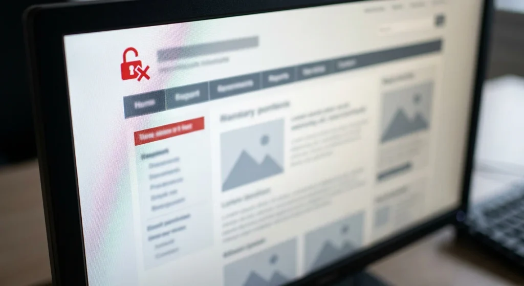 A padlock icon over an institutional website homepage representing a compromised subdomain hosting spam content.