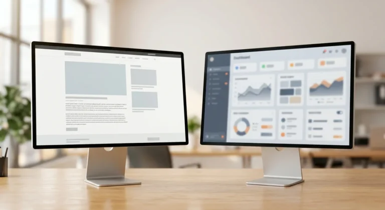 A real website homepage next to a fabricated software dashboard mockup representing a mismatched product description.