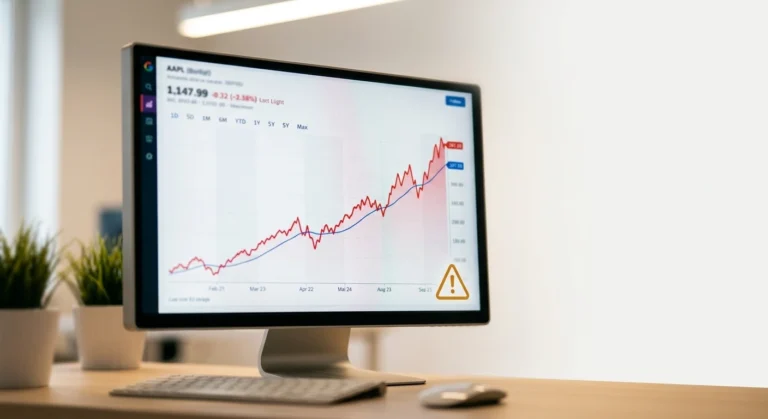 Split screen showing a stock market chart next to a warning caution symbol