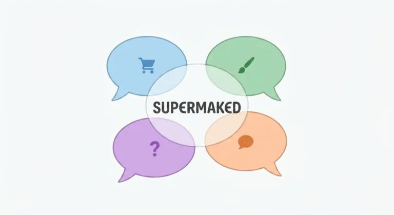 A minimalist flat illustration featuring four overlapping pastel speech bubbles—blue with a shopping cart, green with a paintbrush, purple with a question mark, and orange with a comment icon—surrounding a central transparent circle with the text 'SUPERMAKED' on a clean off-white background.